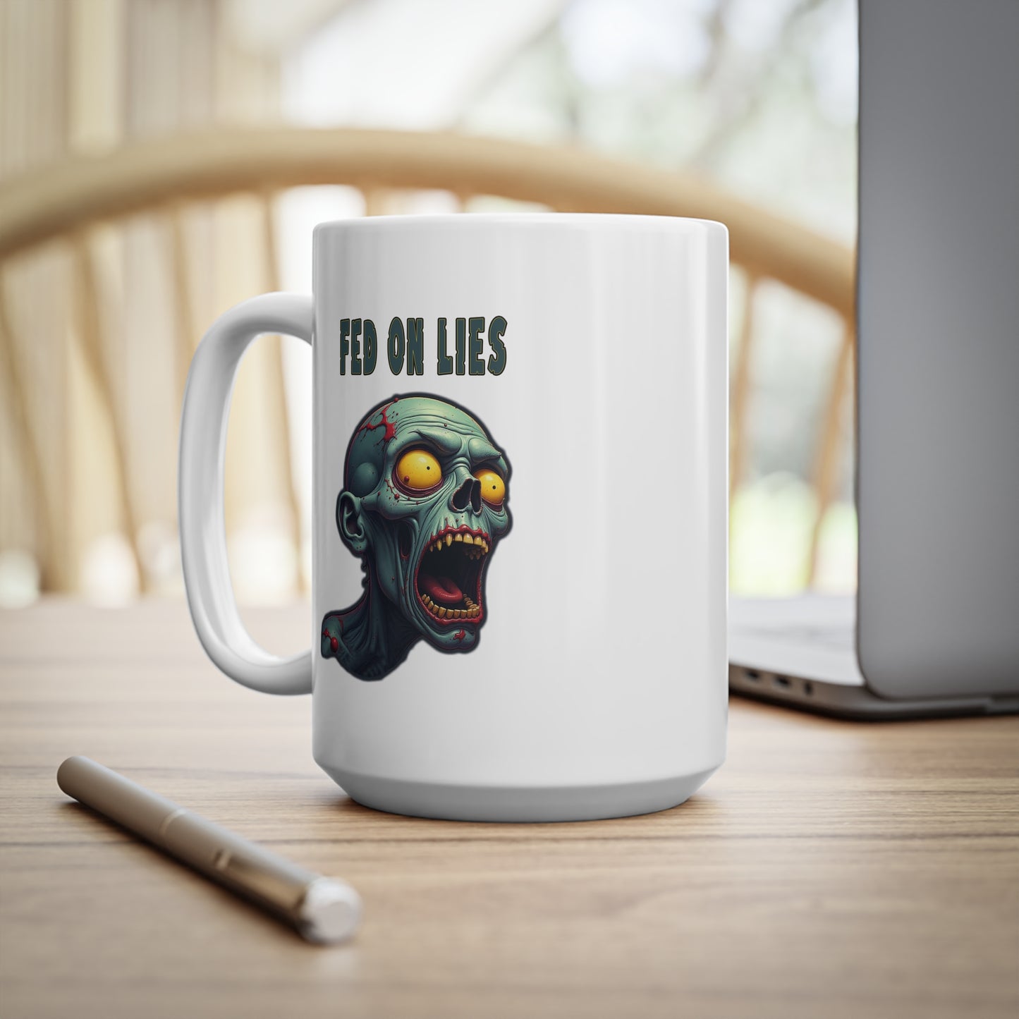 Zombie-Themed Ceramic Coffee Cups - "Fed on Lies" Design - Perfect for Halloween and Everyday Use