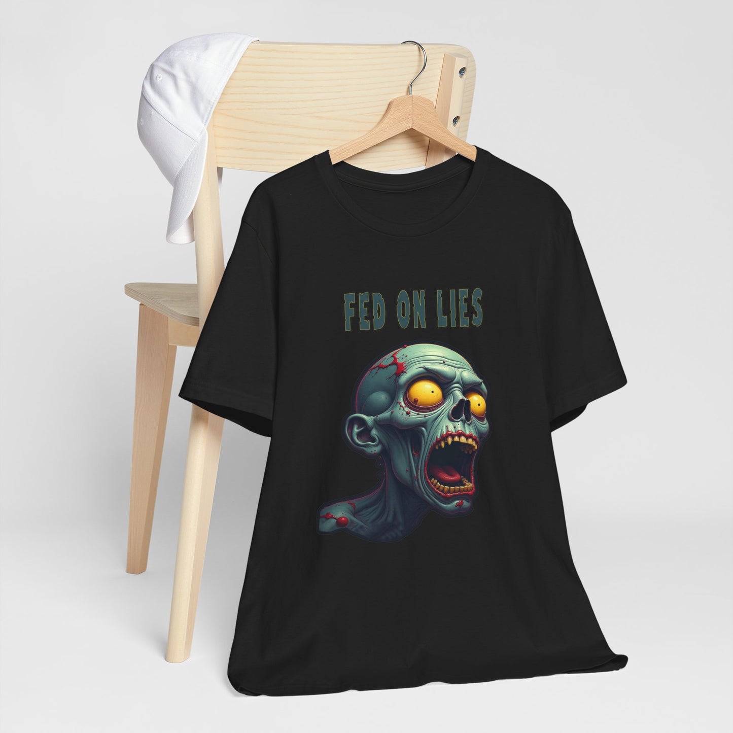 Zombie 'Fed On Lies' Unisex Short Sleeve Tee - Perfect for Halloween & Horror Fans